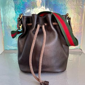 Gucci Leather Linea Drawstring Web Medium Bucket Cocoa Bag